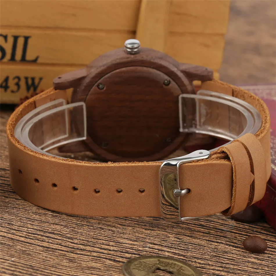 Coffee Walnut Wood Men\'s Watch Genuine Leather Wood Watches White/Red Simple Watch Dial Unisex Wooden Watches reloj masculino