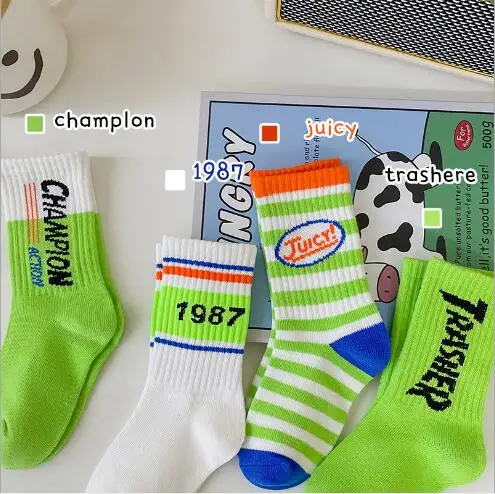 

4Pairs Pack 3-12 Year 2021 autumn alphabet striped tube socks sports tide socks boys and girls socks