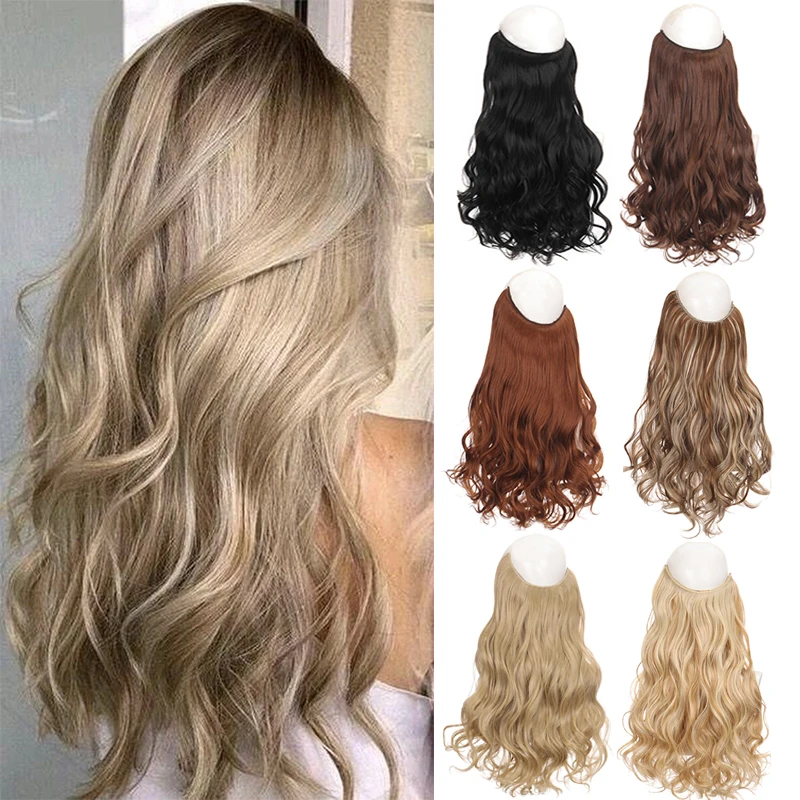 XUANGUANG-Extensão Do Cabelo Sintético Encaracolado Longo, Pedaços De Cabelo De Linha De Peixe, Sem Clipes, Natural Escondido, Falso Segredo, 24\