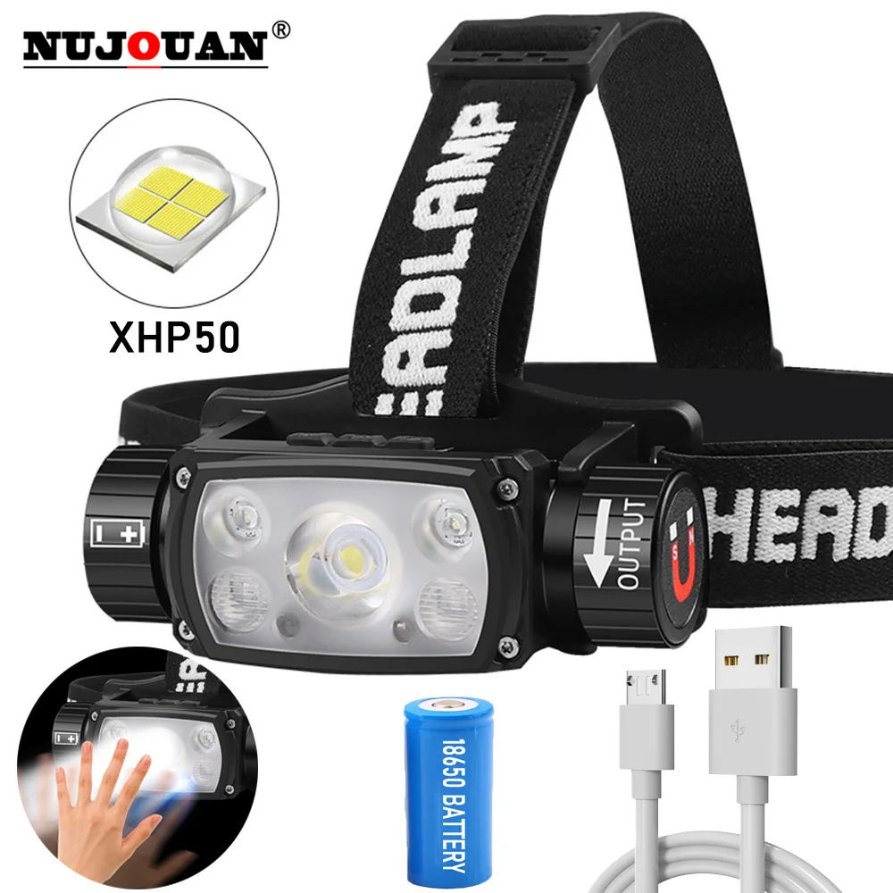 Induction Headlamp XHP50 LED Head Lamp with Built-in Battery Flashlight USB Rechargeable Head Torch 5 Lighting Modes Head Light