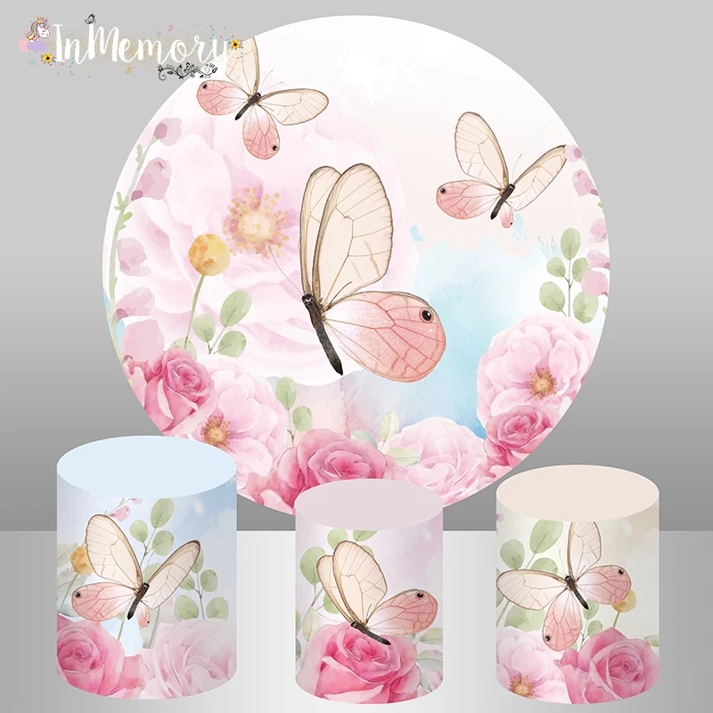 Butterfly Birthday Party Photography Background Spring Garden Girls Baby Shower Party Decoration Round Circle Backdrop Cover