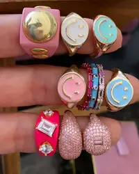 Neon Enamel Colorful Summer Fashion Jewelry Gold Color Happy Smile Face Women Finger Ring Adjustable