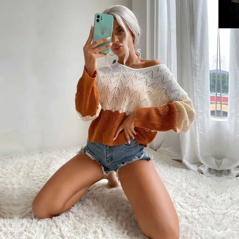 Women's knitted Sweater Spring Autumn V-Neck Contrast Sweater Fashion Thin Long-Sleeved T-Shirt Women All-Match Bottoming Shirt