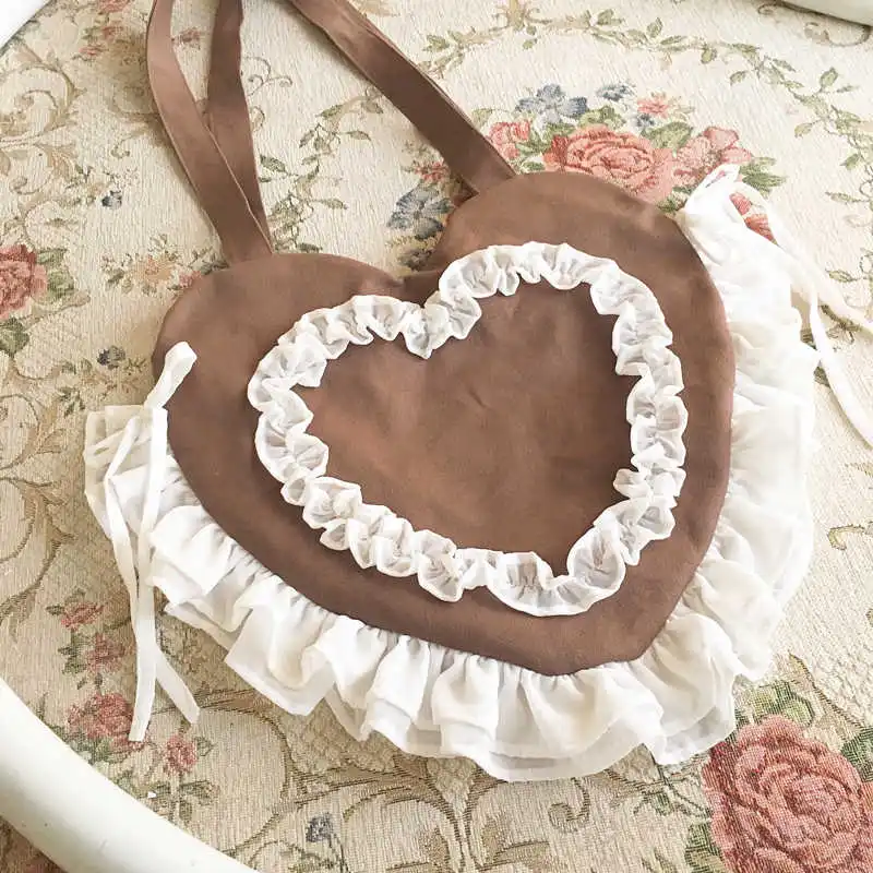 Japanese Princess Lolita Lolita ruffled heart-shaped canvas bag Soft Girl Cos Loli Tea Party College style handmade shoulder bag