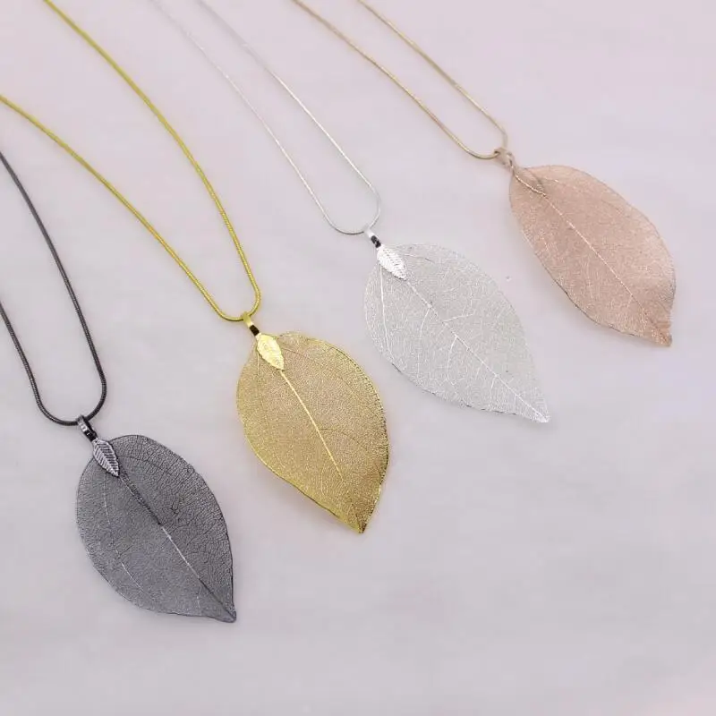 Fashion Jewelry Maxi Necklace Rose Gold Color Chain Real Leaf Charm Design Pendant Necklaces Women Gift LX8453