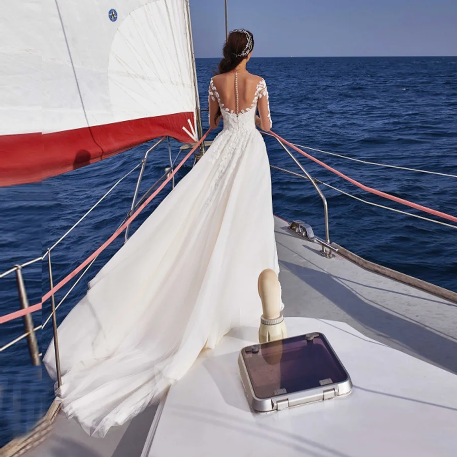 Vestido De novia De manga larga, ropa De boda con ilusión encantadora, cuello redondo, con apliques, De tul, para playa