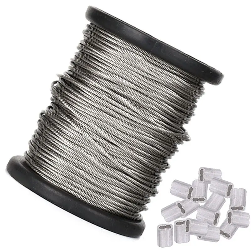Corda 1/16, cavo in acciaio inossidabile 304, 164 piedi (circa 50.0 metri), cavo per aeromobili, 50 pezzi di manicotto per anello a crimpare in alluminio, 7x7