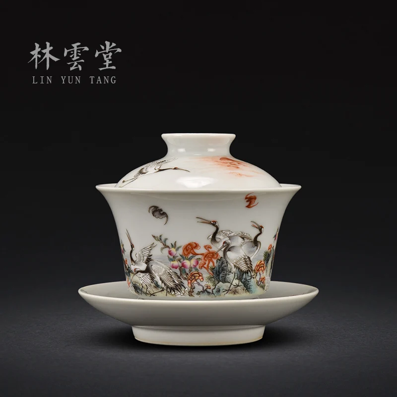 hand-painted crane longevity peach powder three talented cover bowl Jingdezhen hand-made ceramic Kung Fu tea bowl