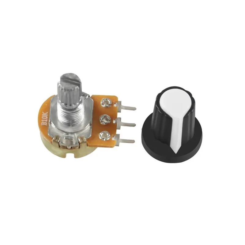 20 pçs/lote B10K 10K Rotary Taper Potenciômetro com Botão Preto (WH148) Áudio Kit Resistores Variáveis Potenciômetro Turno Único