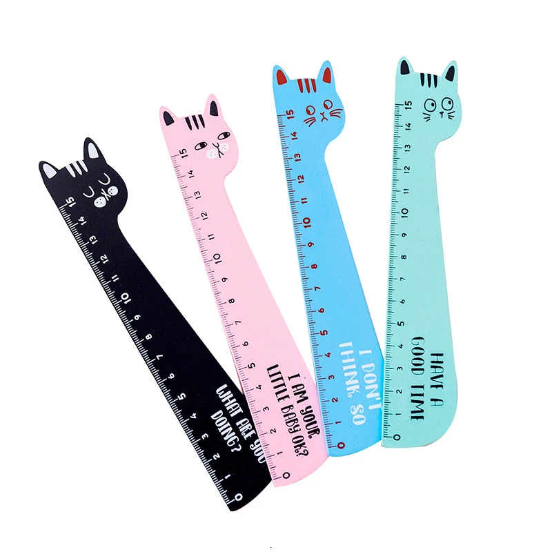 4 Piece Lytwtw\'s Cat Candy Color Kawaii Stationery Cartoon Drawing Gift Korean Office School Kitten Straight Wooden Ruler