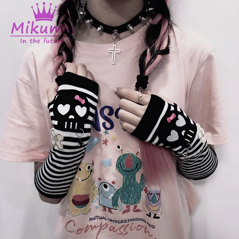 Harajuku Y2k Punk Women Long Fingerless Gloves Gothic Fashion Skull Striped Long Arm Gloves Warmer Knitted Mittens