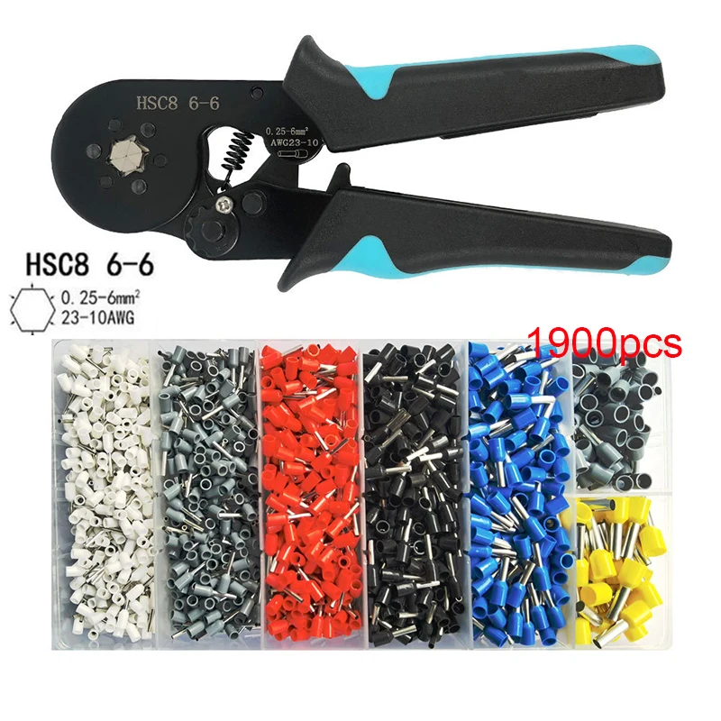 Ferrule Crimping Tool Kit Hexagonal Sawtooth Self-Adjustable Ratchet Ferrule Crimper Plier with 1900pcs Wire Terminals