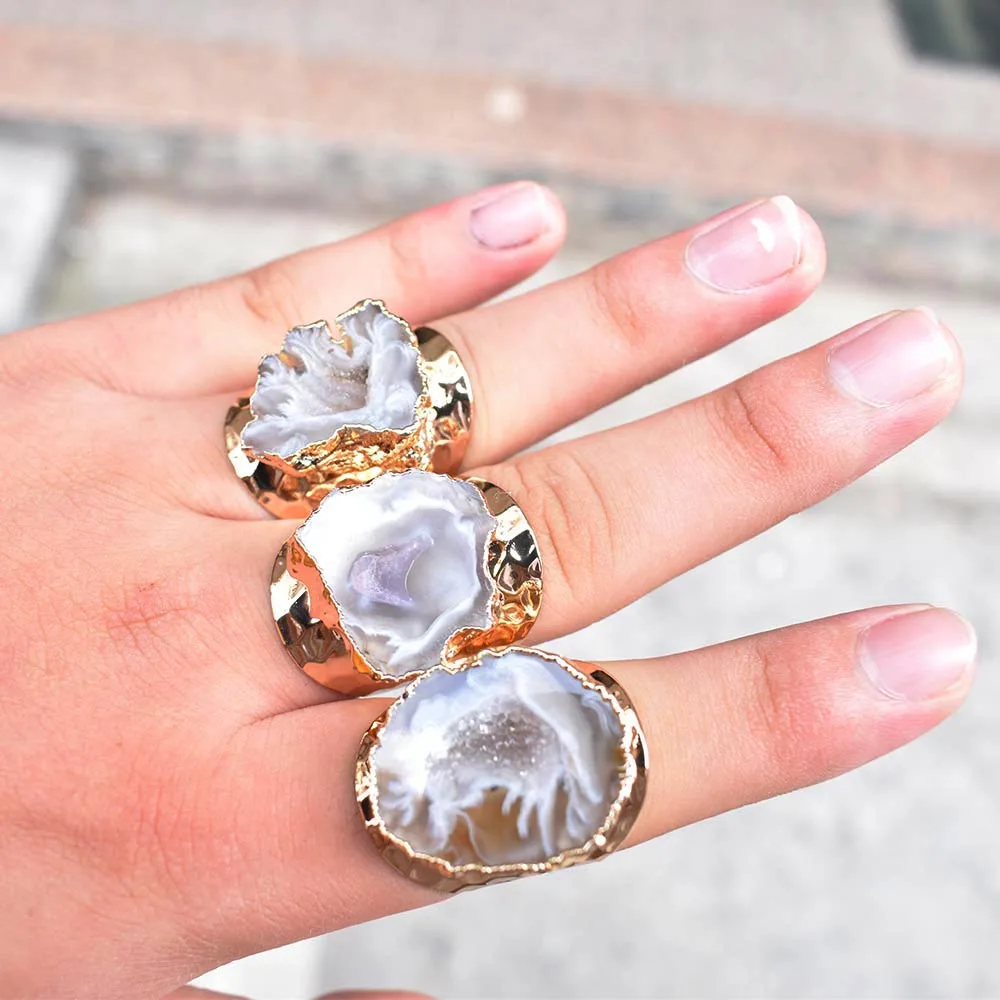 Wholesale 6pcs/lot Natural Brazilian Electroplated Color Edged Slice Open Agates Rings  Women Wedding Engagement Ring Set view 4