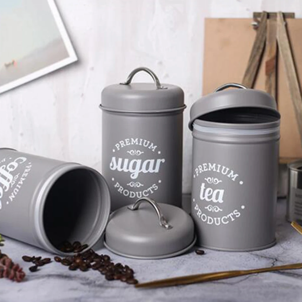 Set Of 3 Tea Coffee Sugar Metal Jar Kitchen Storage Box Food Canister Bins Kitchen Container with Lids