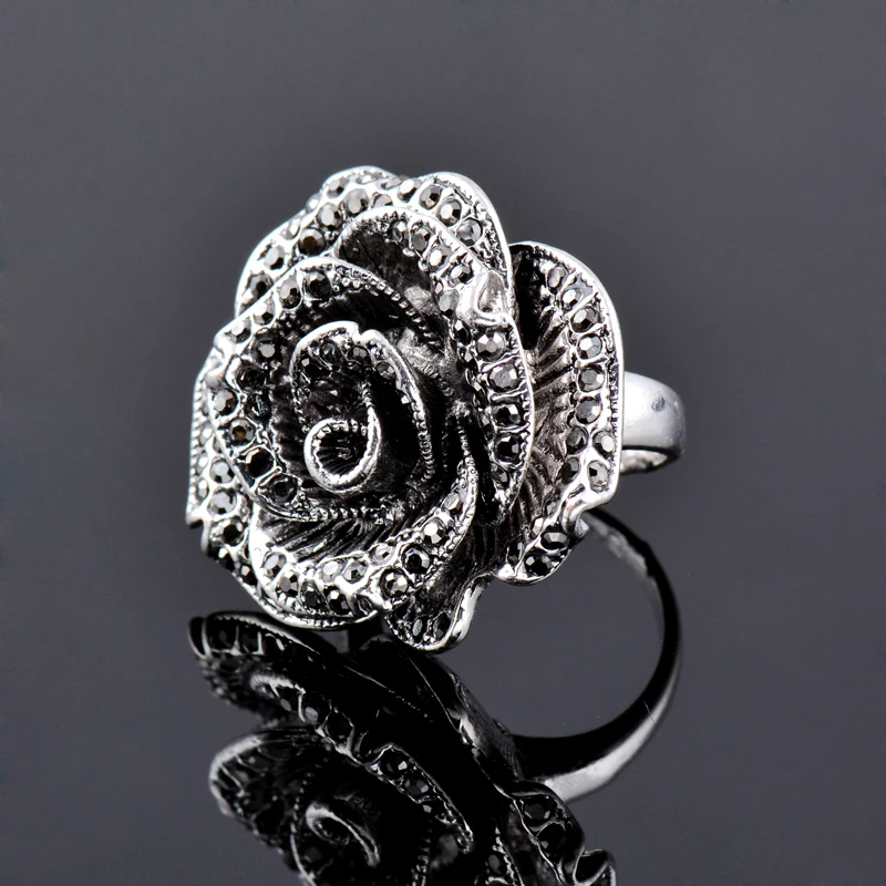 SINLEERY Retro Big Black Crystal Rose Flower Rings For Women Vintage Antique Silver Color Wedding Jewelry New Design