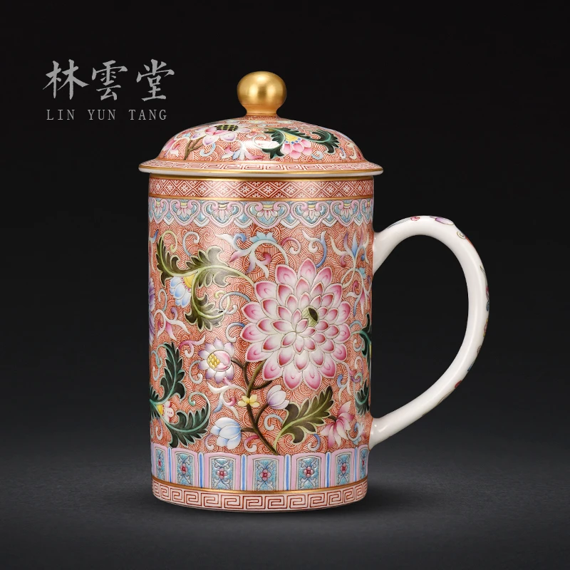 Lin Yuntang hand-painted bound branch treasure phase colored enamel office cup with cover cups jingdezhen tea cup