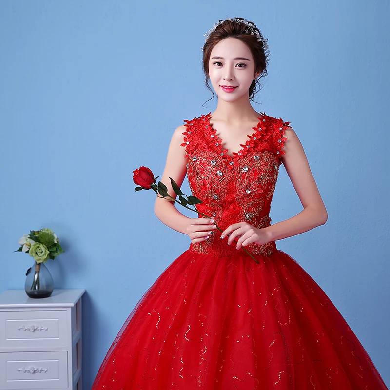 AnXin SH-vestido de novia de lujo con flores rojas, vestido de princesa vintage con cuentas, cuello en v, flor de cristal, vestido de baile de encaje blanco, vestido de novia personalizado