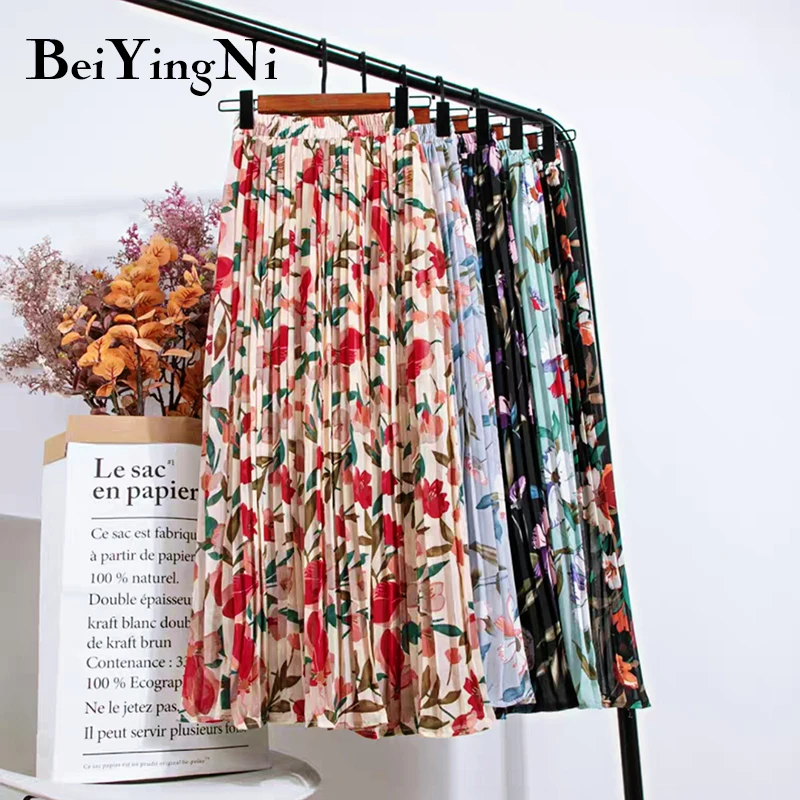 Beiyingni Summer Chiffon Beach Boho Maxi Women Skirt High Waist Floral Print Vintage Holiday Ruched Long Fashion Skirts Faldas