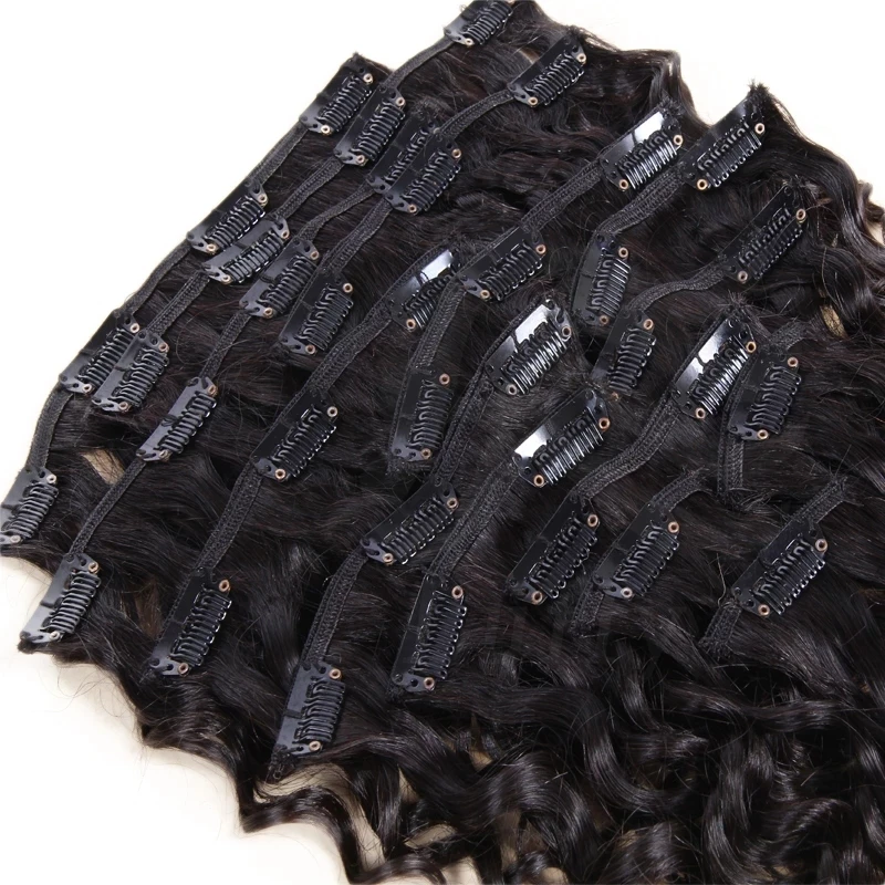 Clip de onda profunda en extensiones de cabello humano para mujer, pieza de cabello rizado de cabeza completa, negro Natural, 12-30 pulgadas, 8 unids/set, 200G