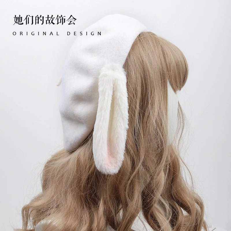 Beret Japanese Original Lolita Sweet Girl Cute Hat Winter Warm Plush Rabbit Ears Beret