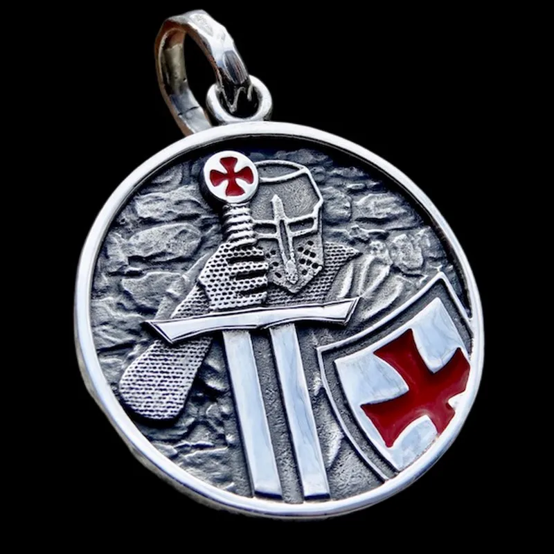 Onlysda Cool Men\'s Pendant Stainless Steel Red Armor Shield Knight Templar Crusader Cross Necklace Punk Jewelry Drop Shipping