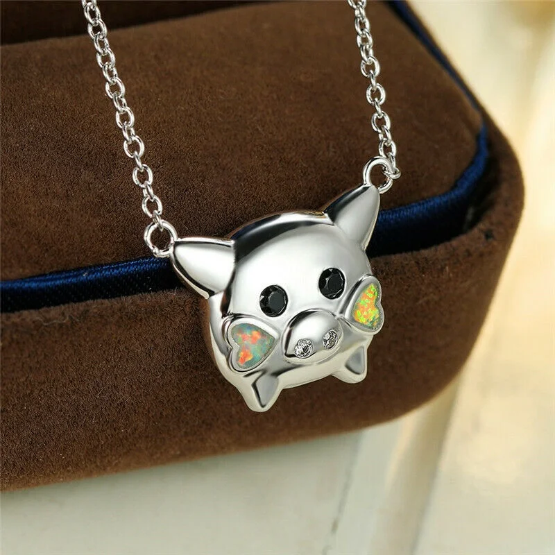 Cute Female Animal Pig Silver Love Heart Simulated Opal Zircon Pendant Necklace