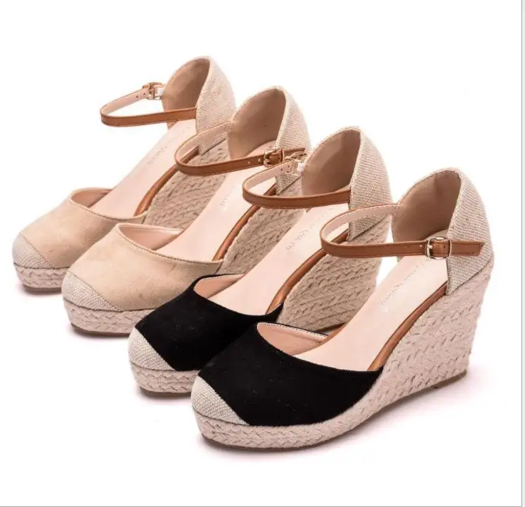 Fashion buckle color block sandals Shoes Suede Wedges High Ankle Sandals Round Toe Casual Shoes High Slope Round Head Sandals