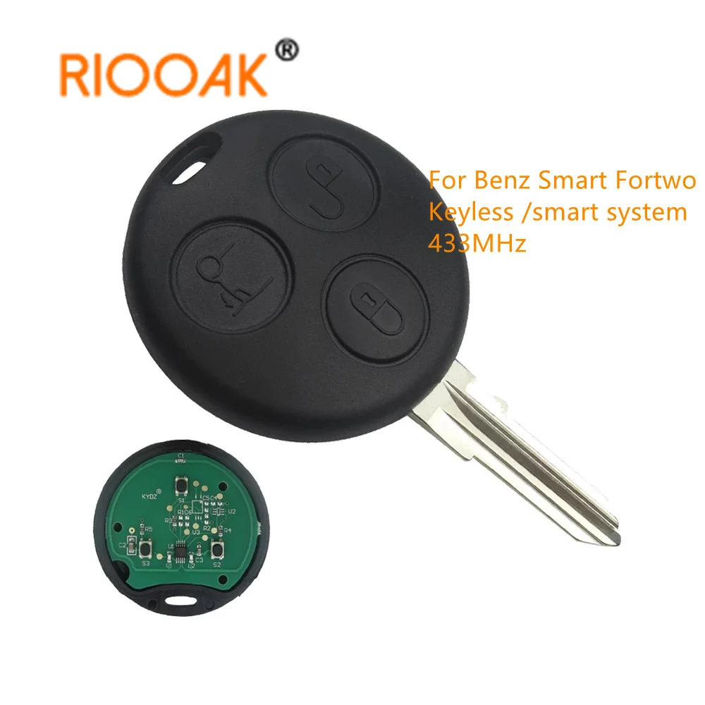 

RIOOAK For Mercedes Benz Smart Fortwo 450 Forfour 451 Smart Roadster 3 BUTTONT 433Mhz Keyless smart Remote Car Key