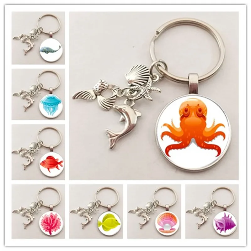 

New charm marine animal keychain dolphin shellfish fish convex round glass jewelry pendant key ring keychain birthday gift