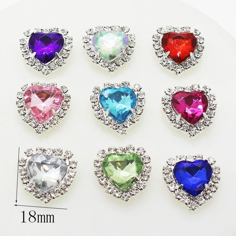 Hot Sale 10pcs / multi Peach Heart Rhinestone Button Clip Acrylic Multicolor Decorative Clothing Sewing Accessories Flat Bottom