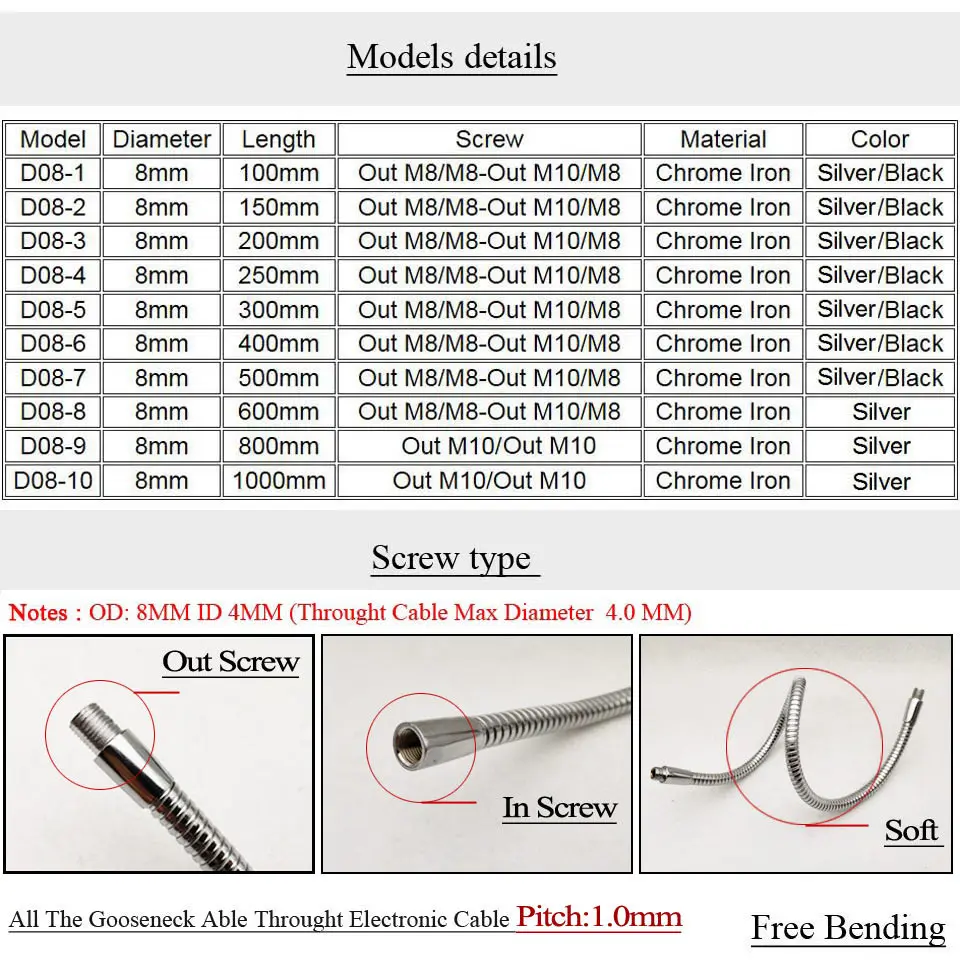 1pc Dia 8mm LED Gooseneck 60CM 100CM Desk Lamp Soft light Metal Flexible Hose Table lamp holder light Metal Pipe For LED Lamp