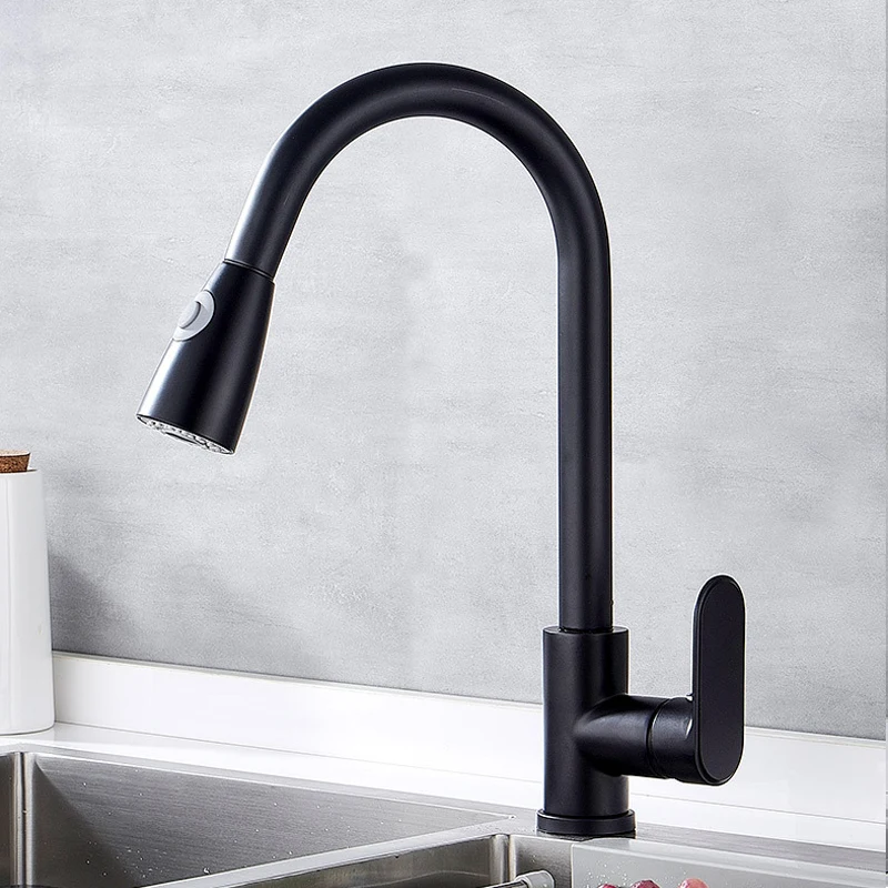 Robinet mitigeur d'eau chaude et froide, mitigeur extractible en laiton chromé pour évier de cuisine noir, robinet en acier inoxydable 304 à Rotation à 360 degrés, 2 fonctions