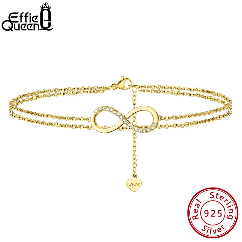 Effie Queen Layered Infinity & Satellite Chain Anklet 925 Sterling Silver Gold Plated Simple Women Beach Foot Jewelry Chain SA16