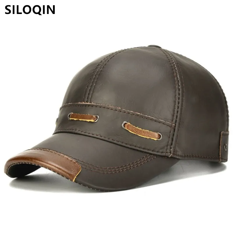 SILOQIN Snapback Cap Autumn Men's Genuine Leather Hat Cowhide Leather Baseball Caps Adjustable Size Men Personality Leather Cap