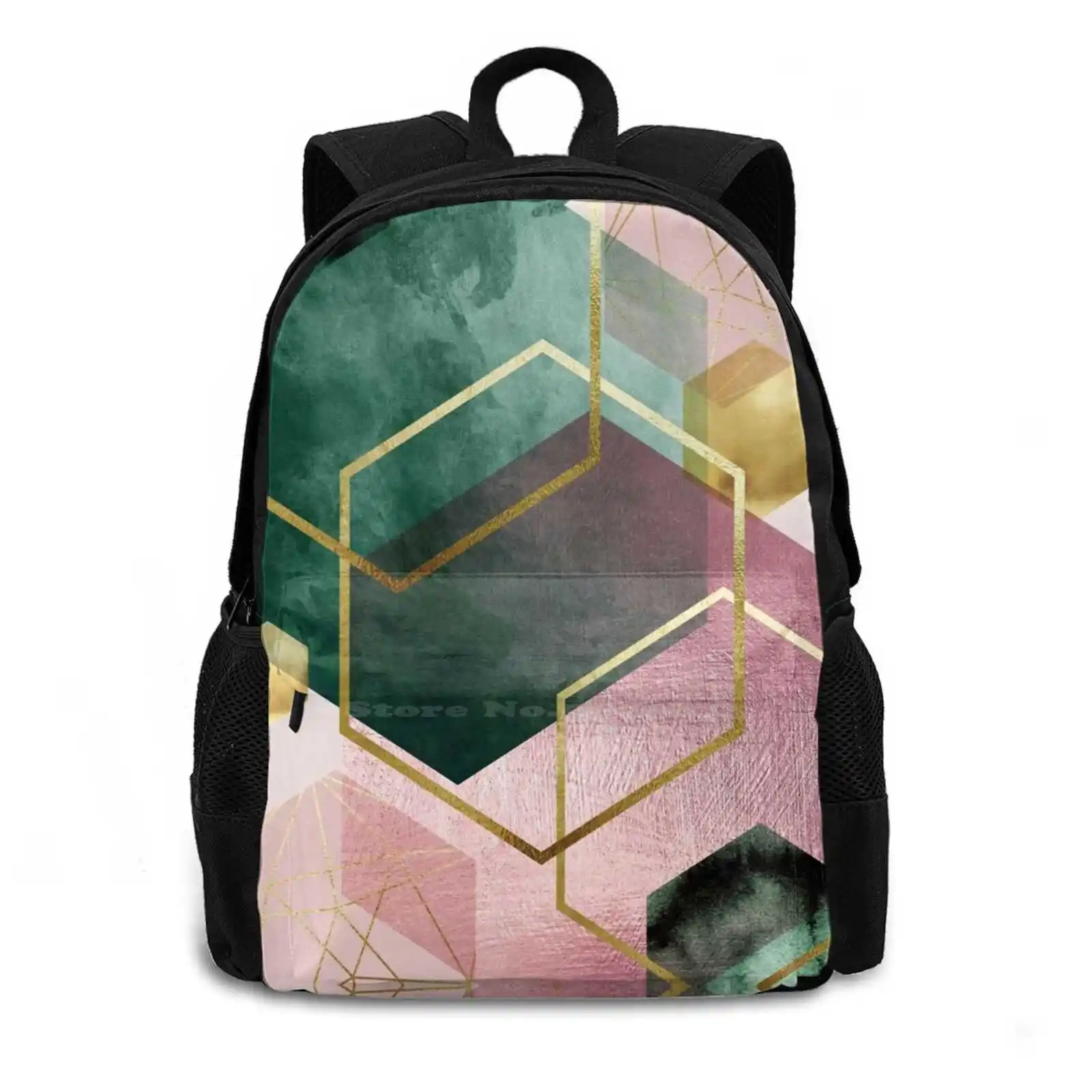 Emerald Green And Pink Geo No 1 New Arrivals Unisex Bags Student Bag Backpack Abstract Emerald Green Dark Green Hunter Green