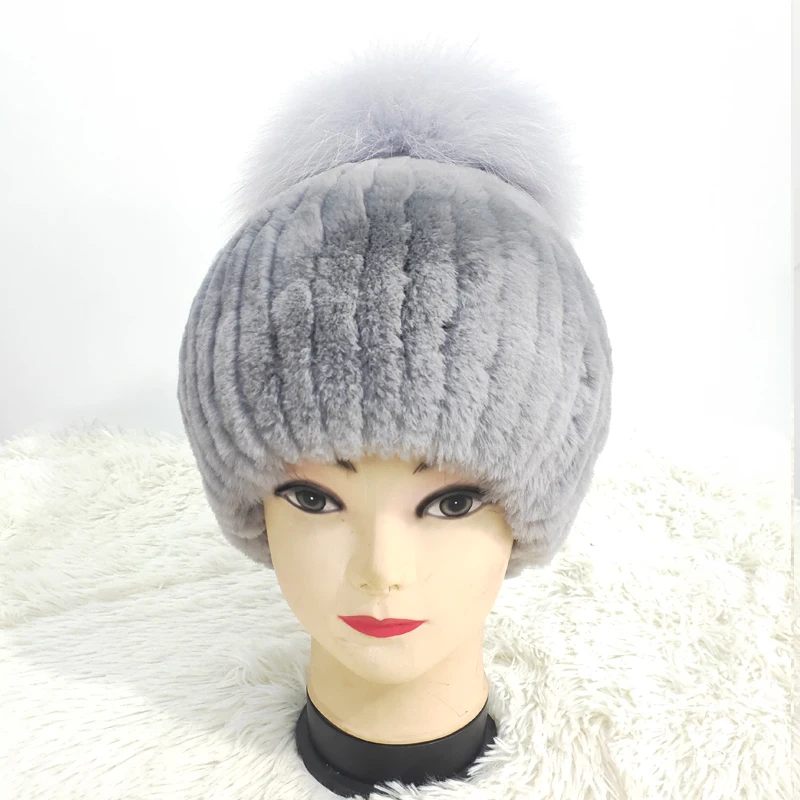 Women's Genuine Rex Rabbit Fur Hats Autumn and winter 100% Big Fox Fur hair ball Warm Real Fur Knit  High elasticity Caps