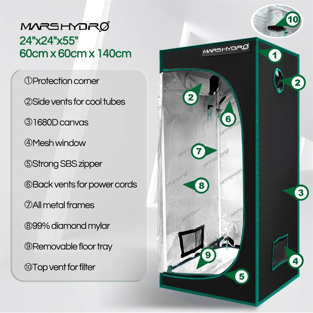 LED Grow Tent Box para Hidroponia Interior, à prova de água, Hut Diamante, Sala Mylar Reflective, Mars Hydro, 1680D, 60x60x140cm