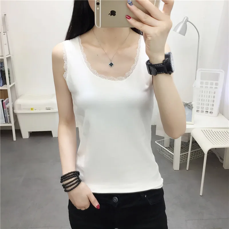 2020 Summer Lace Women sleeveless T Shirts Ladies Autumn O-Neck Slim T-shirt Female White Black Sexy Vest Solid color Lace Top