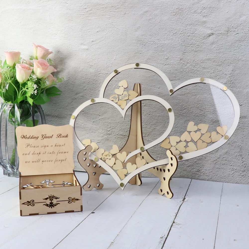 

Double Heart shape Wedding guest book Decoration Rustic Sweet Heart Drop box Wedding drop box 3D Guestbook wooden box