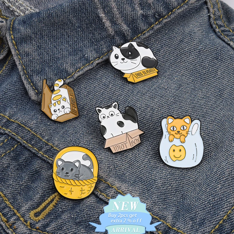 Tabby Cats Brooches For Women Kitty In Box Enamel Pins Anime Cartoon Cute Badge Lapel Pins Backpacks Metal Jewelry Gifts