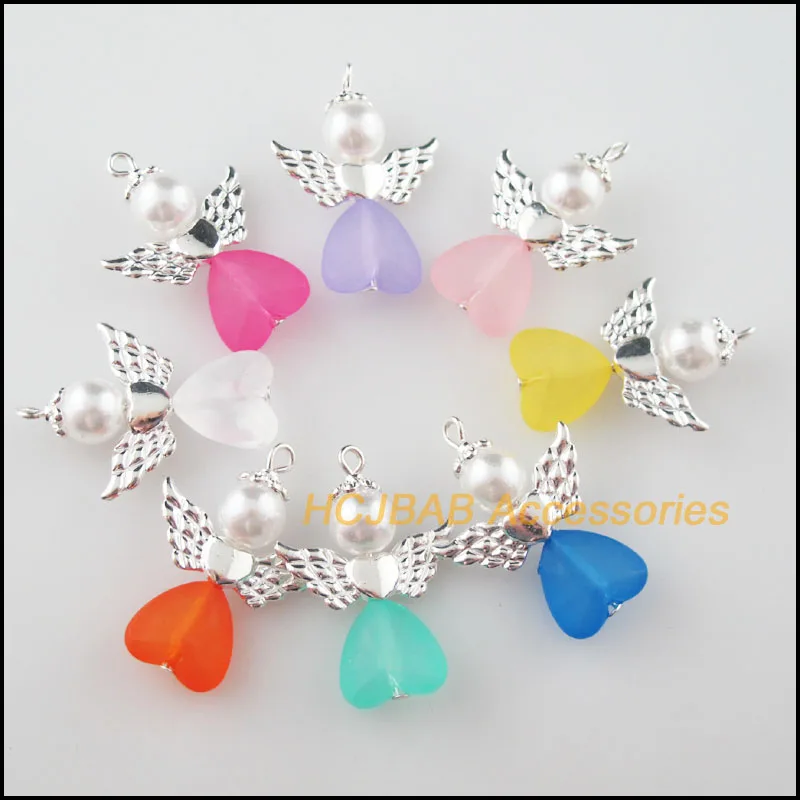 8 New Mixed Acrylic Beads Angel Charms Silver Plated Frosting Heart Pendants 22x30mm