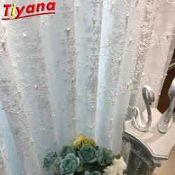 White Curtains Contain Pearls Elegant Nordic Geometric Embroidery Beads Tulle for Living Room Finished Window Drapes X-HM005D#WS