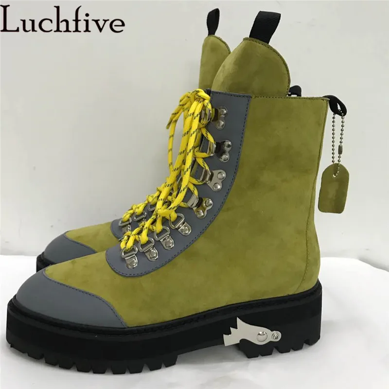 Winter Motorcycle Boots Woman Black Beige Genuine Leather Thick Bottom Wool Ankle Boots Fashion Designer Lace up Martin Boots