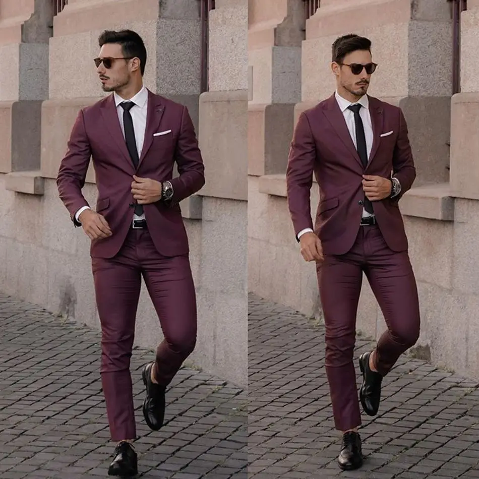 Esmoquin de boda para hombre, Blazer ajustado con dos botones, traje de negocios para fiesta y graduación, Burgundy, 2 piezas, 2021