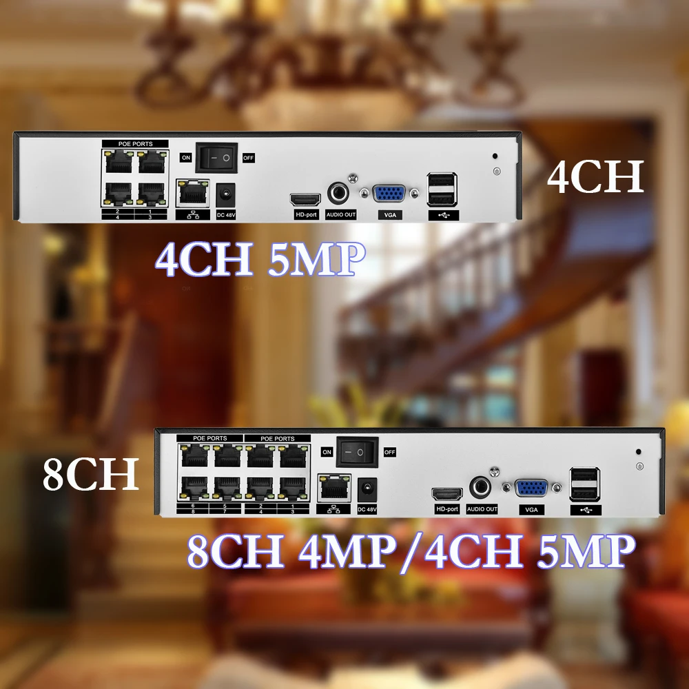 AZISHN-grabador de videovigilancia de seguridad, dispositivo NVR H.265, 48V, POE, 4 canales, 5MP/8CH, 5MP, detección de movimiento, P2P, CCTV, NVR, para cámara IP POE