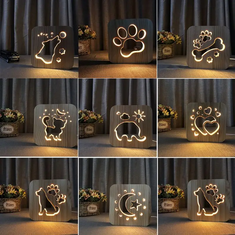 Firya gatto in legno zampa cane animale luce notturna luna stella 3D lampada a LED luci da scrivania alimentate tramite USB per bambini regalo di natale per bambini