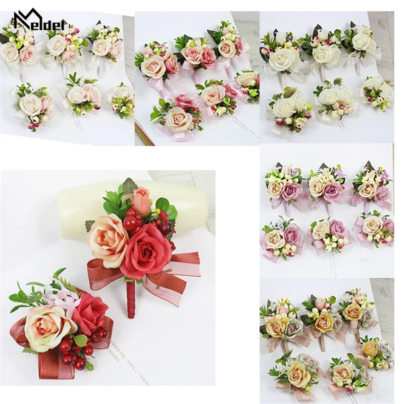 Meldel bride corsage, noivo e madrinhas, bracelete artificial de seda com rosas e flores de plástico, para meninas e homens, decoração para casamento