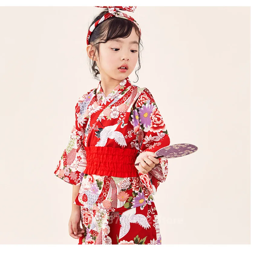 80-140CM Newborn Baby Oriental Japanese Costume Gril Sakura Kimono Dress Kids Luxury Yukata Haori Birthday Fan New Year Clothes