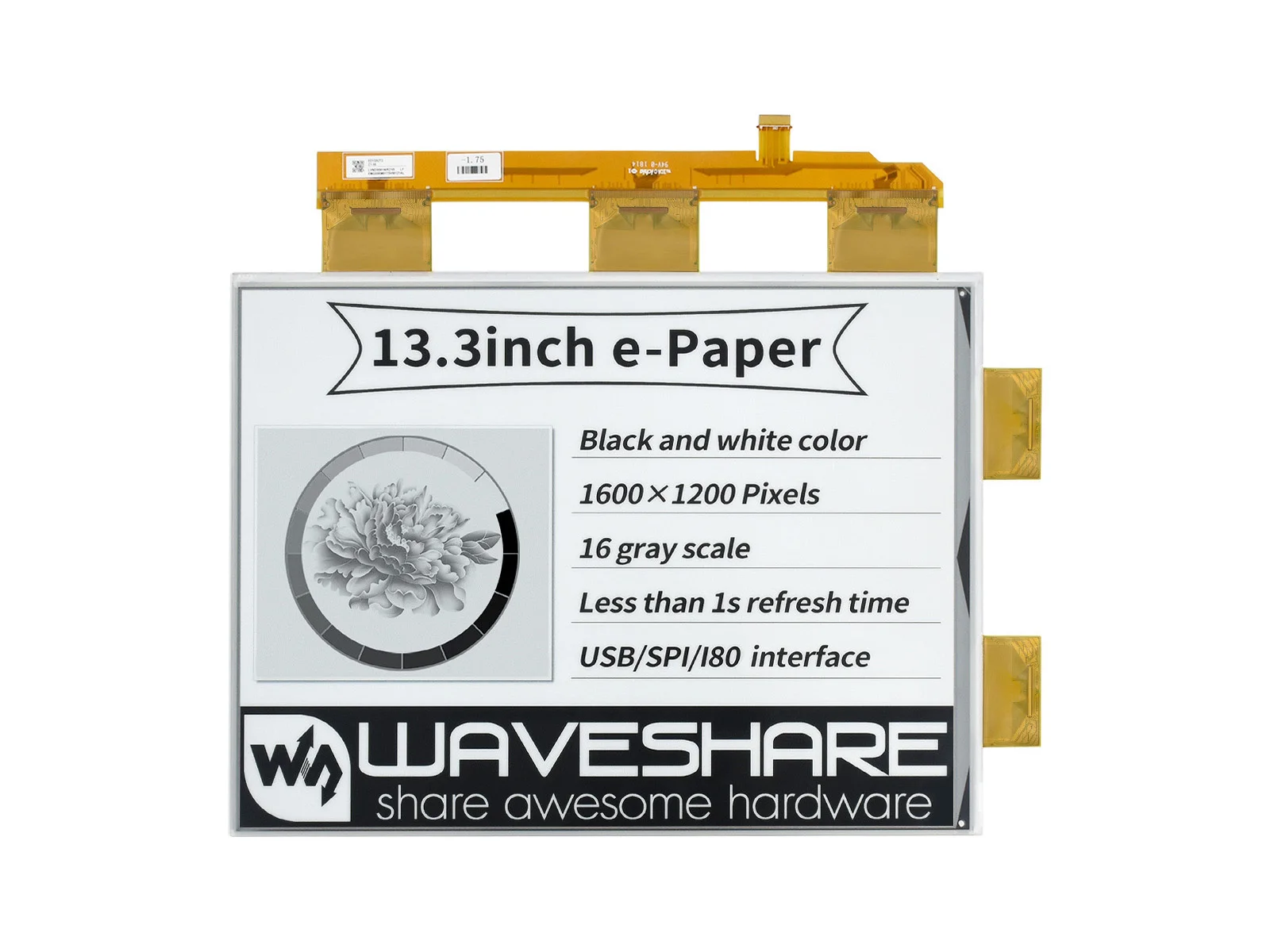 Waveshare 13.3 polegadas e-paper e-ink raw display para raspberry pi,1600 × 1200 pixels, preto/branco, 16 escalas cinzentas, porta paralela, sem pcb