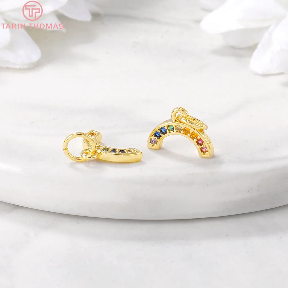 (1311)4PCS 8x11MM Hole 4MM 24K Gold Color Plated Brass with Zircon Rainbow Charms Pendant Connector Jewelry Accessories